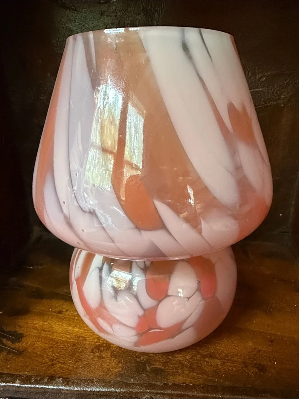 Blush Pink Swirl Art Glass Vase or votive LED light holder Mushroom shaped